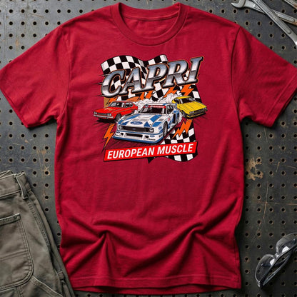 Ford Capri European Muscle Classic Car - Unisex T-Shirt-Beklædning-Ford-Rød-S-Garage Culture Shop- garage - man cave - merchandise
