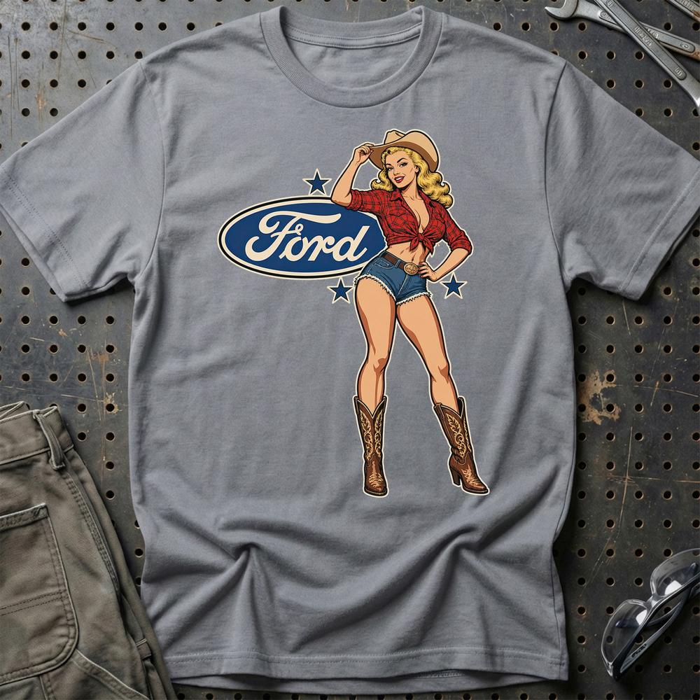 Ford Cowboy Pinup T-Shirt-Beklædning-Ford-Grå Sport-S-Garage Culture Shop- garage - man cave - merchandise