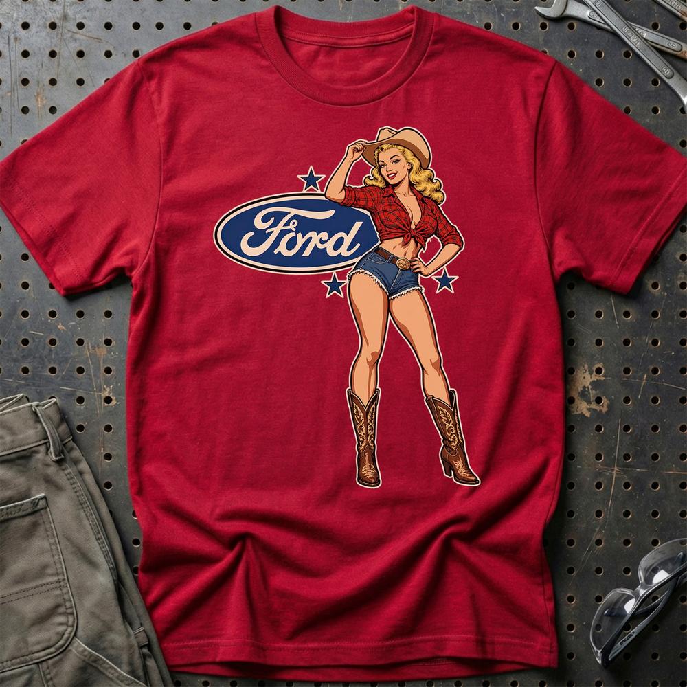 Ford Cowboy Pinup T-Shirt-Beklædning-Ford-Rød-S-Garage Culture Shop- garage - man cave - merchandise