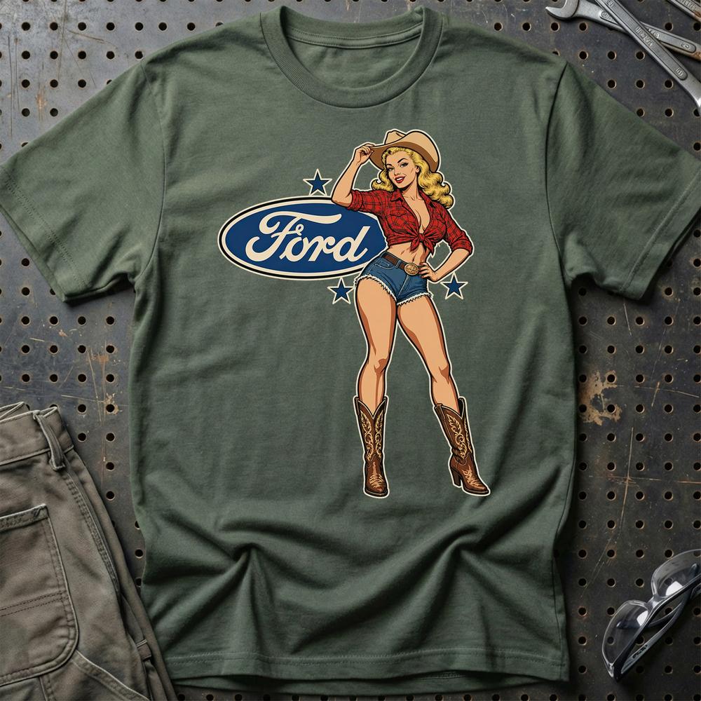 Ford Cowboy Pinup T-Shirt-Beklædning-Ford-Grøn Militær-S-Garage Culture Shop- garage - man cave - merchandise