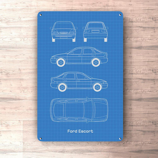 Ford Escort 5 Door Blueprint Skilte, Musemåtte, Dørmåtte , Plakat-Blueprint-Ford-Garage Culture Shop- garage - man cave - merchandise