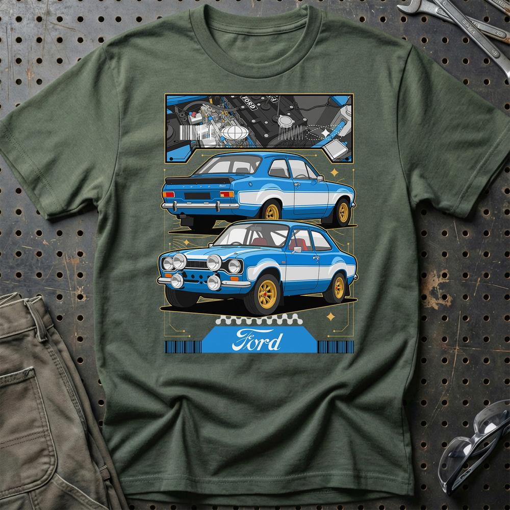 Ford Escort MK I Fast And Furios Cars T-Shirt-Beklædning-Ford-Grøn Militær-S-Garage Culture Shop- garage - man cave - merchandise