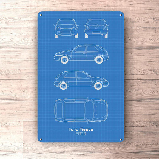 Ford Fiesta 3 door 2000 Blueprint Skilte, Musemåtte, Dørmåtte , Plakat-Blueprint-Ford-Garage Culture Shop- garage - man cave - merchandise