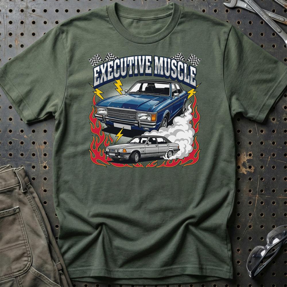 Ford Granada Executive Muscle Classic 70s Sedan T-Shirt-Beklædning-Ford-Grøn Militær-S-Garage Culture Shop- garage - man cave - merchandise