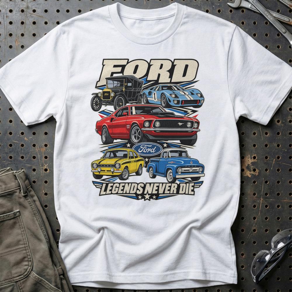 Ford Legends Never Die T-Shirt-Beklædning-Ford-Hvid-S-Garage Culture Shop- garage - man cave - merchandise