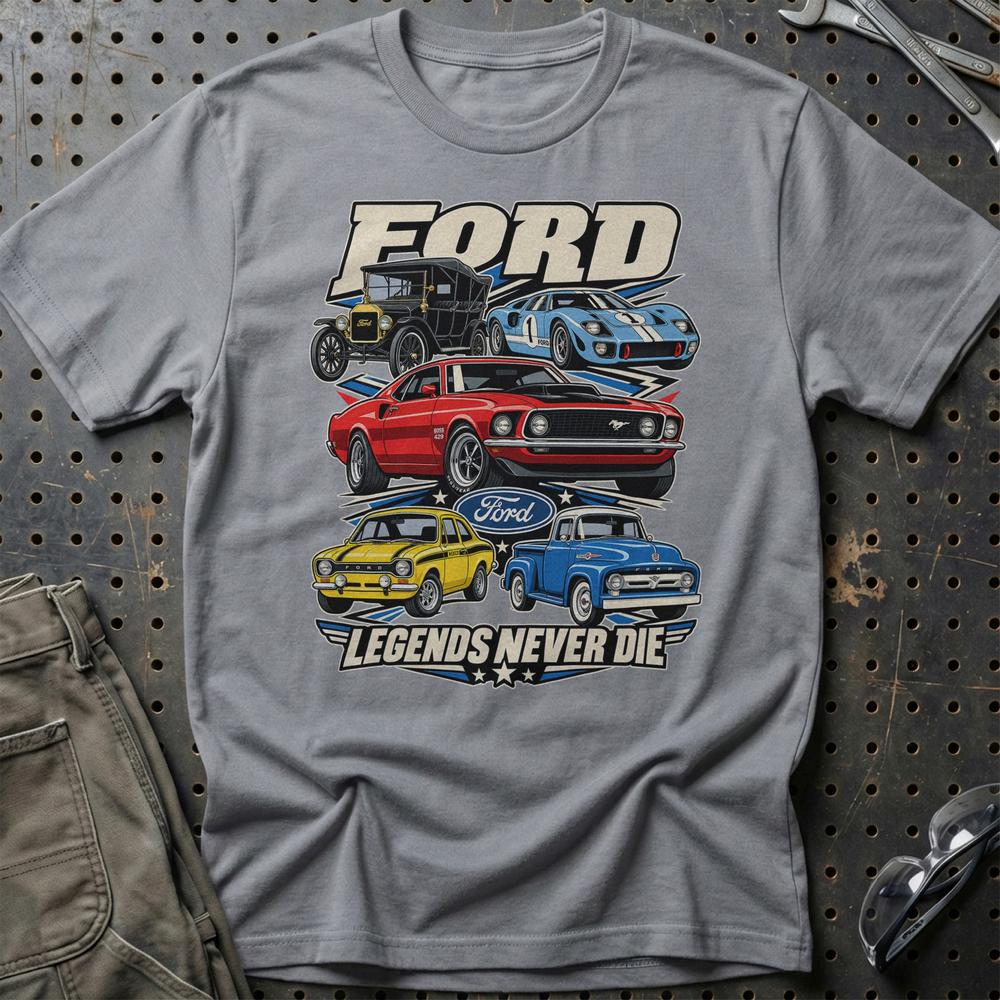 Ford Legends Never Die T-Shirt-Beklædning-Ford-Grå Sport-S-Garage Culture Shop- garage - man cave - merchandise
