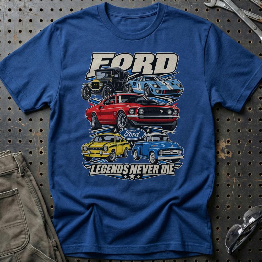 Ford Legends Never Die T-Shirt-Beklædning-Ford-Blå Royal-S-Garage Culture Shop- garage - man cave - merchandise
