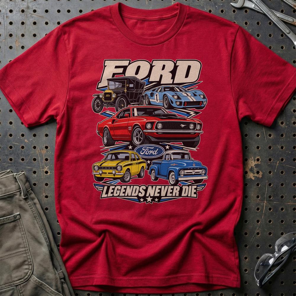 Ford Legends Never Die T-Shirt-Beklædning-Ford-Rød-S-Garage Culture Shop- garage - man cave - merchandise