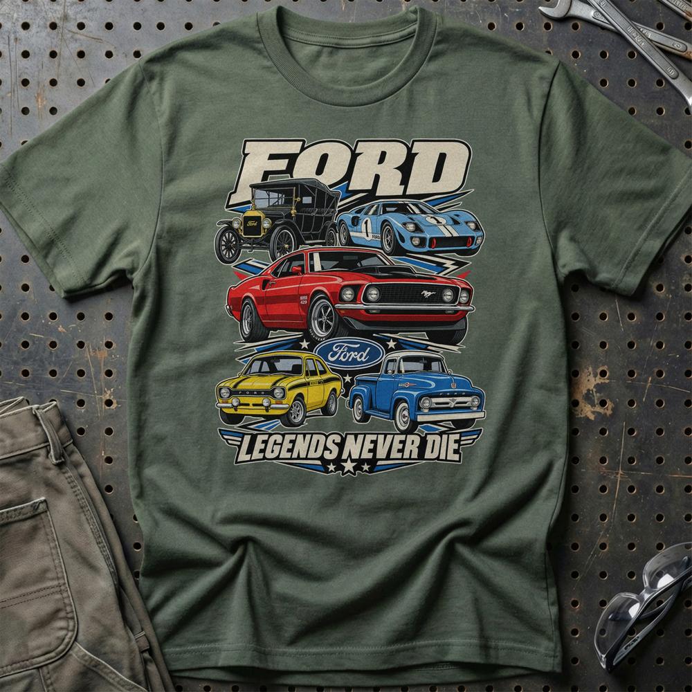 Ford Legends Never Die T-Shirt-Beklædning-Ford-Grøn Militær-S-Garage Culture Shop- garage - man cave - merchandise