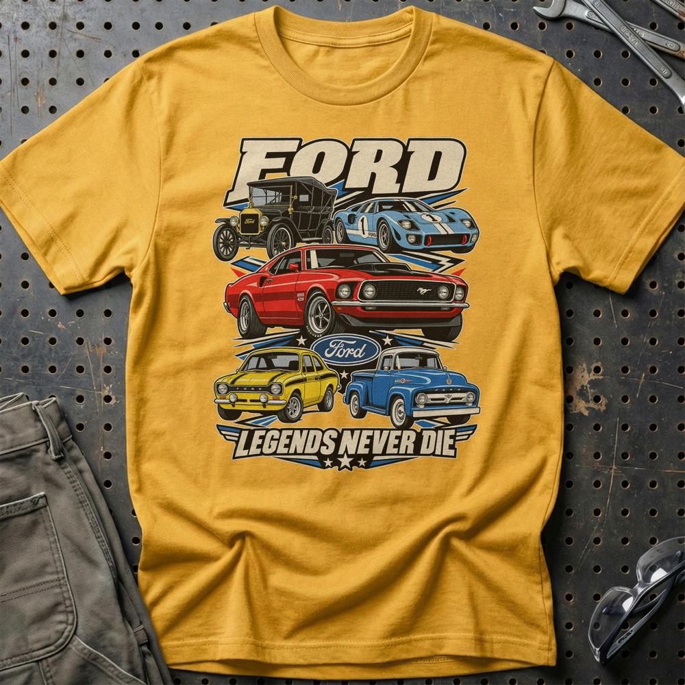 Ford Legends Never Die T-Shirt-Beklædning-Ford-Guld-S-Garage Culture Shop- garage - man cave - merchandise