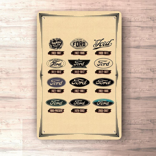 Ford Logo Evolution Skilte, Musemåtte, Dørmåtte , Plakat-Skilte-Ford-Garage Culture Shop- garage - man cave - merchandise