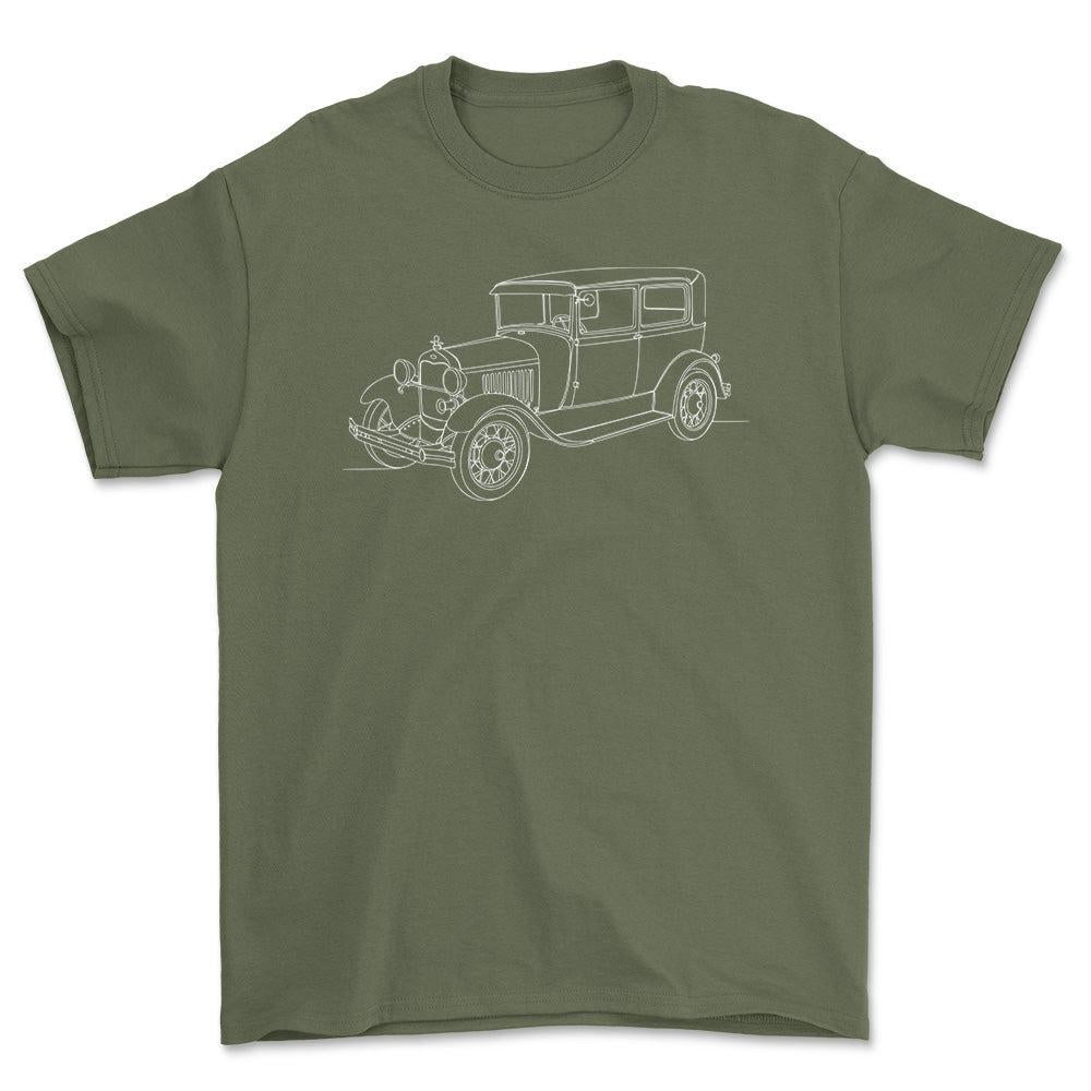 Ford Model A Tudor Sedan - One Line Style Unisex T-Shirt-Beklædning-Ford-Grøn Militær-S-Forside-Garage Culture Shop- garage - man cave - merchandise