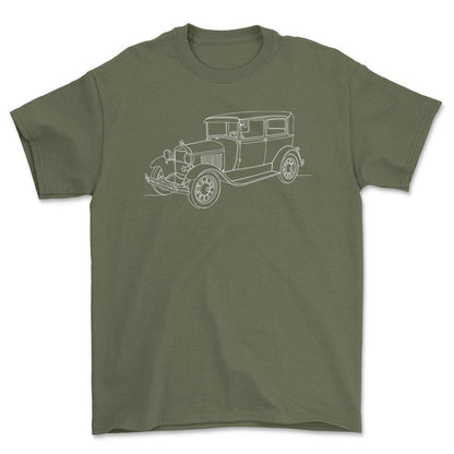 Ford Model A Tudor Sedan - One Line Style Unisex T-Shirt-Beklædning-Ford-Grøn Militær-S-Forside-Garage Culture Shop- garage - man cave - merchandise