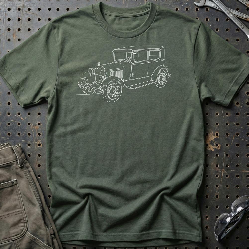 Ford Model A Tudor Sedan - One Line Style Unisex T-Shirt-Beklædning-Ford-Grøn Militær-S-Garage Culture Shop- garage - man cave - merchandise