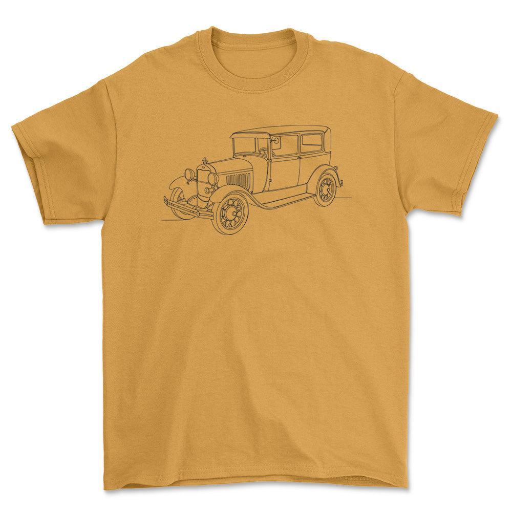 Ford Model A Tudor Sedan - One Line Style Unisex T-Shirt-Beklædning-Ford-Guld-S-Forside-Garage Culture Shop- garage - man cave - merchandise
