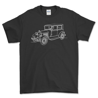 Ford Model A Tudor Sedan - One Line Style Unisex T-Shirt-Beklædning-Ford-Sort-S-Forside-Garage Culture Shop- garage - man cave - merchandise