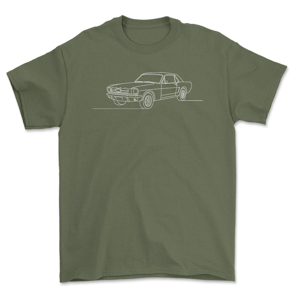 Ford Mustang 1 Gen - One Line Style Unisex T-Shirt-Beklædning-Ford-Grøn Militær-S-Forside-Garage Culture Shop- garage - man cave - merchandise