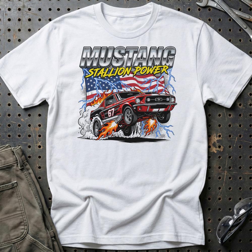 Ford Mustang 1967 Stallion Power Fastback T-Shirt-Beklædning-Ford-Hvid-S-Garage Culture Shop- garage - man cave - merchandise