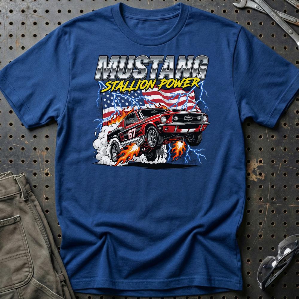 Ford Mustang 1967 Stallion Power Fastback T-Shirt-Beklædning-Ford-Blå Royal-S-Garage Culture Shop- garage - man cave - merchandise