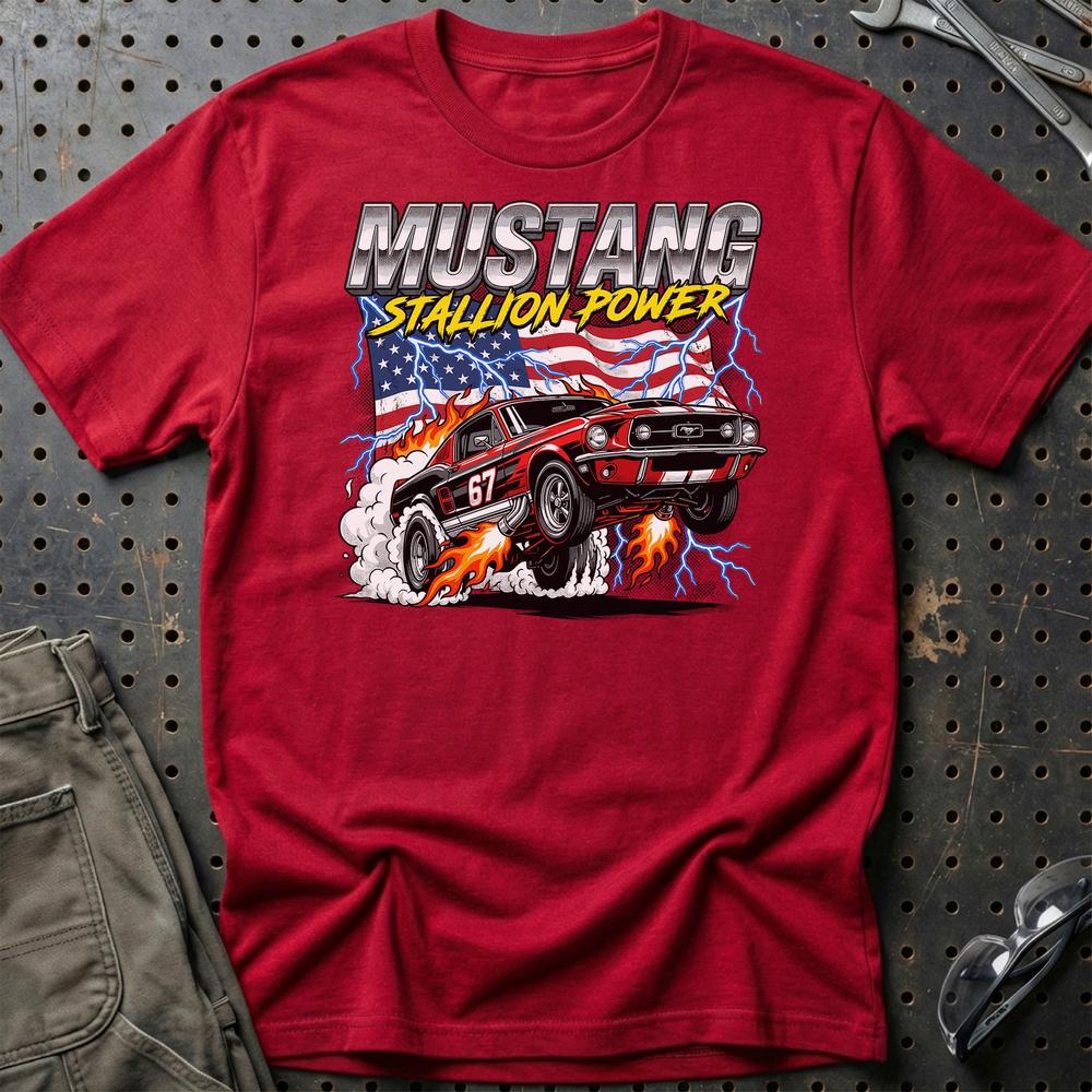Ford Mustang 1967 Stallion Power Fastback T-Shirt-Beklædning-Ford-Rød-S-Garage Culture Shop- garage - man cave - merchandise