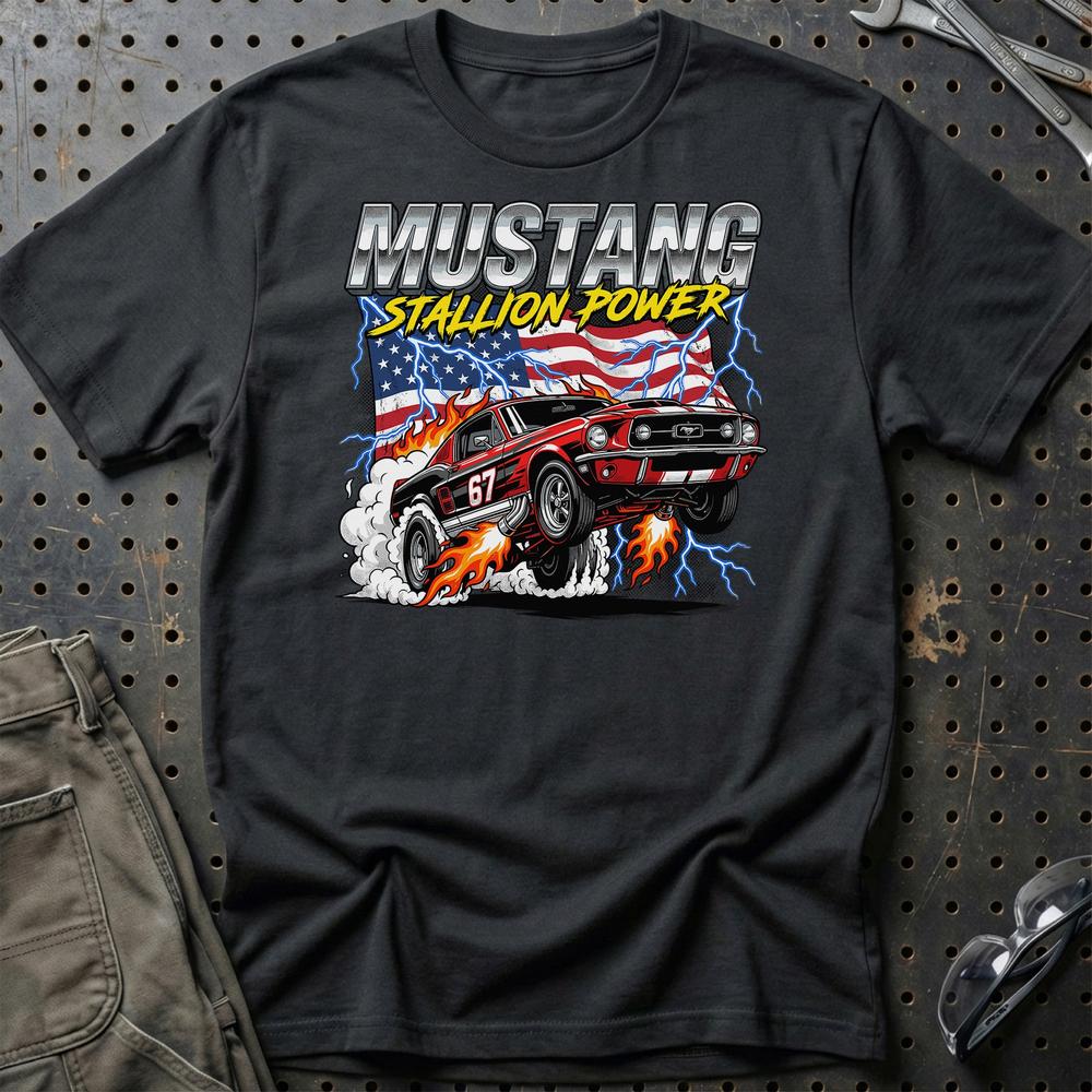 Ford Mustang 1967 Stallion Power Fastback T-Shirt-Beklædning-Ford-Sort-S-Garage Culture Shop- garage - man cave - merchandise