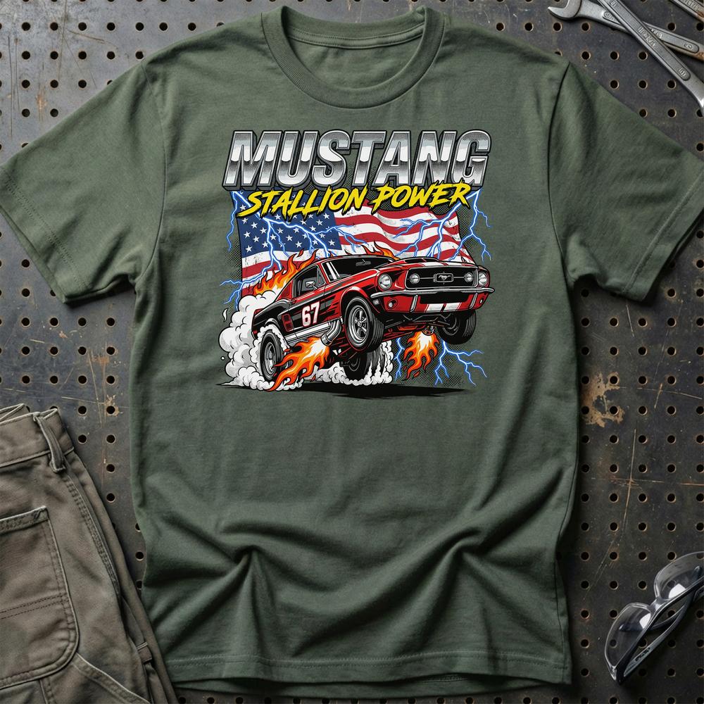 Ford Mustang 1967 Stallion Power Fastback - Unisex T-Shirt-Beklædning-Ford-Grøn Militær-S-Garage Culture Shop- garage - man cave - merchandise