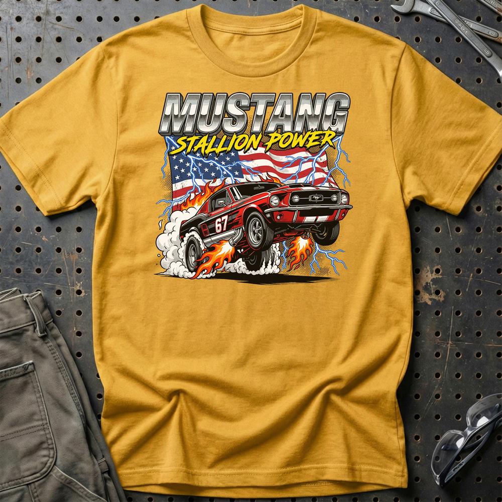 Ford Mustang 1967 Stallion Power Fastback - Unisex T-Shirt-Beklædning-Ford-Guld-S-Garage Culture Shop- garage - man cave - merchandise