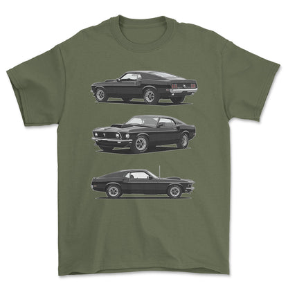 Ford Mustang 1969 Boss 429 - One Line Style Unisex T-Shirt-Beklædning-Ford-Grøn Militær-S-Forside-Garage Culture Shop- garage - man cave - merchandise