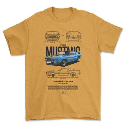 Ford Mustang 1969 - Unisex T-Shirt , Bomuld-Beklædning-Ford-Guld-S-Forside-Garage Culture Shop- garage - man cave - merchandise