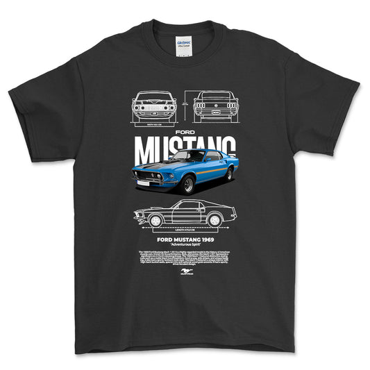 Ford Mustang 1969 - Unisex T-Shirt , Bomuld-Beklædning-Ford-Sort-S-Forside-Garage Culture Shop- garage - man cave - merchandise