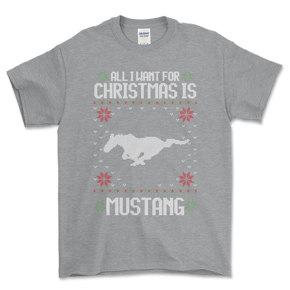 Ford Mustang - All I Want For Christmas - Unisex T-Shirt , Bomuld-Beklædning-Ford-Grå Sport-S-Forside-Garage Culture Shop- garage - man cave - merchandise