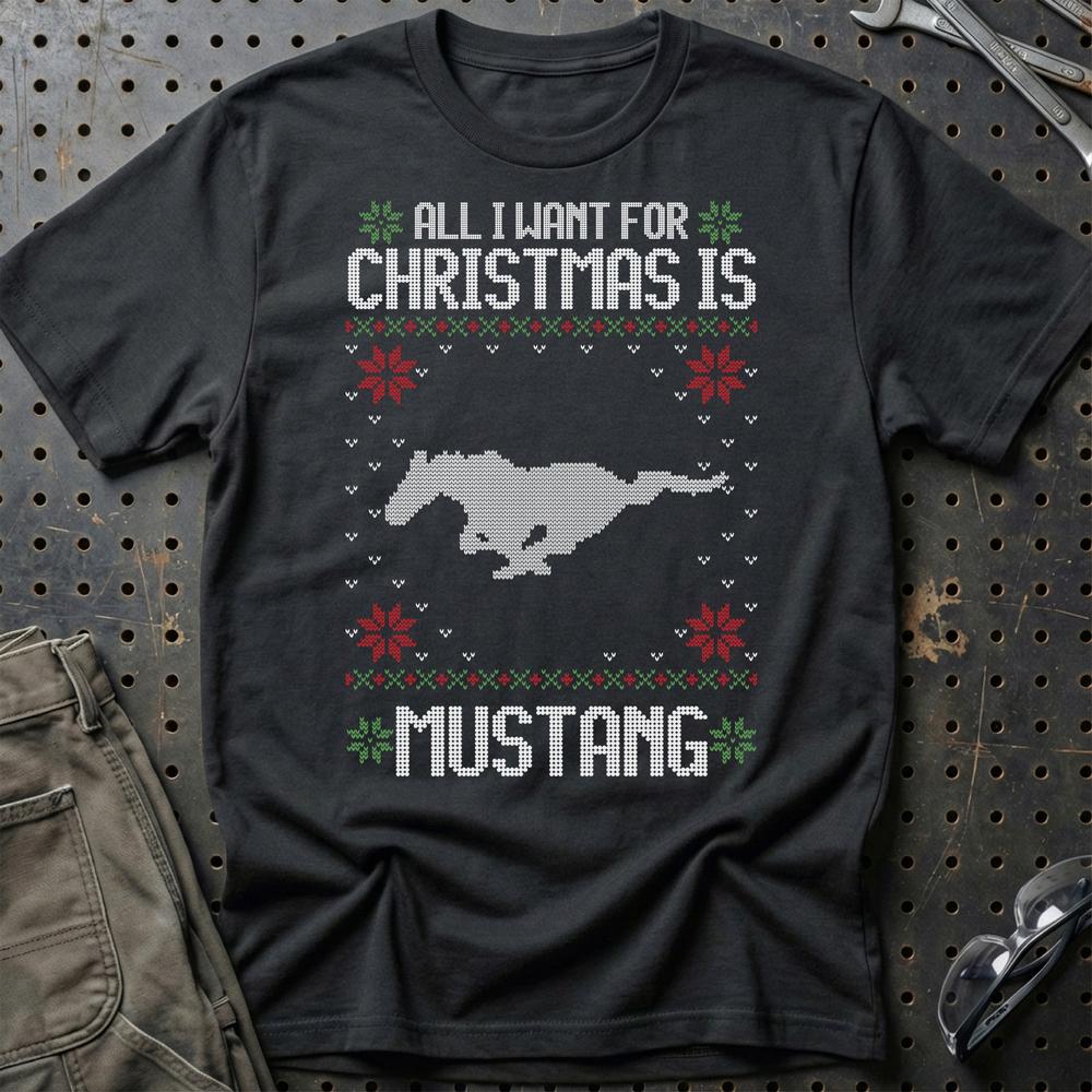 Ford Mustang - All I Want For Christmas - Unisex T-Shirt , Bomuld-Beklædning-Ford-Sort-S-Garage Culture Shop- garage - man cave - merchandise