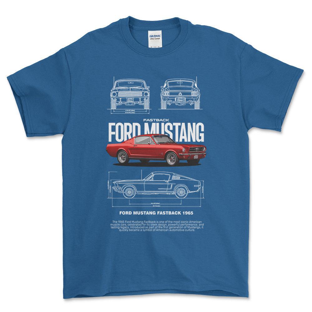 Ford Mustang Fastback 1965 T-Shirt-Beklædning-Ford-Blå Royal-S-Garage Culture Shop- garage - man cave - merchandise