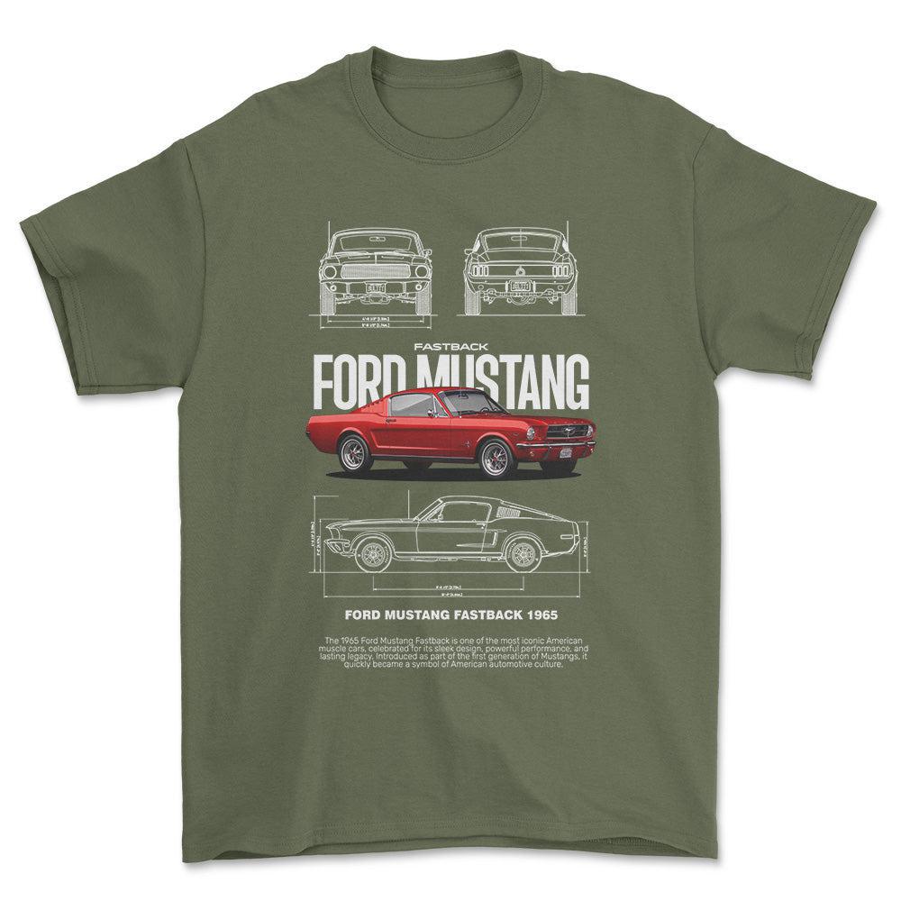 Ford Mustang Fastback 1965 T-Shirt-Beklædning-Ford-Grøn Militær-S-Garage Culture Shop- garage - man cave - merchandise