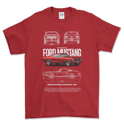 Ford Mustang Fastback 1965 - Unisex T-Shirt , Bomuld-Beklædning-Ford-Rød-S-Forside-Garage Culture Shop- garage - man cave - merchandise