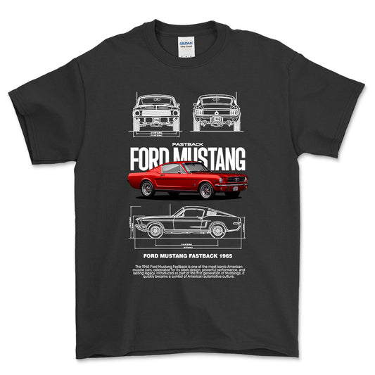 Ford Mustang Fastback 1965 - Unisex T-Shirt , Bomuld-Beklædning-Ford-Sort-S-Forside-Garage Culture Shop- garage - man cave - merchandise