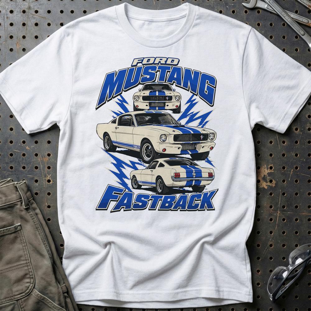 Ford Mustang Fastback T-Shirt-Beklædning-Ford-Hvid-S-Garage Culture Shop- garage - man cave - merchandise