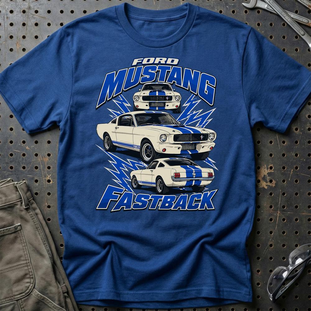 Ford Mustang Fastback T-Shirt-Beklædning-Ford-Blå Royal-S-Garage Culture Shop- garage - man cave - merchandise