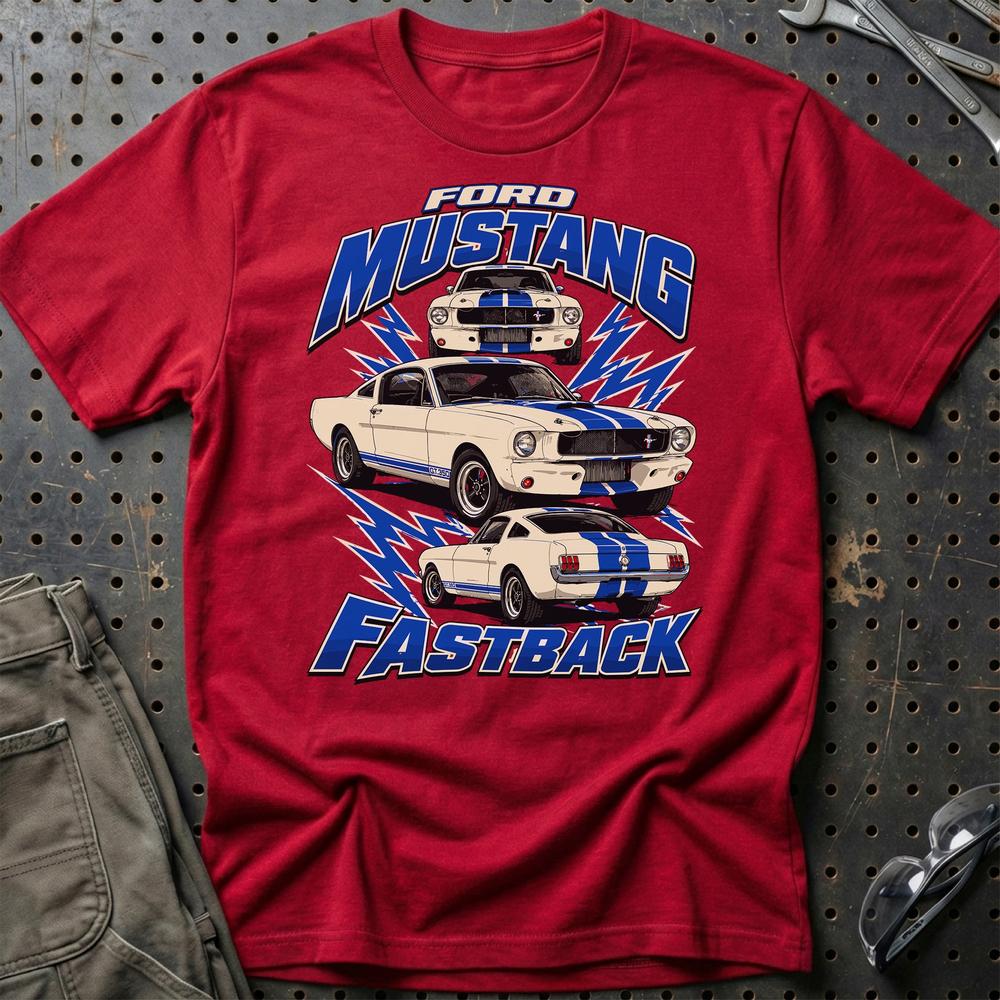 Ford Mustang Fastback T-Shirt-Beklædning-Ford-Rød-S-Garage Culture Shop- garage - man cave - merchandise