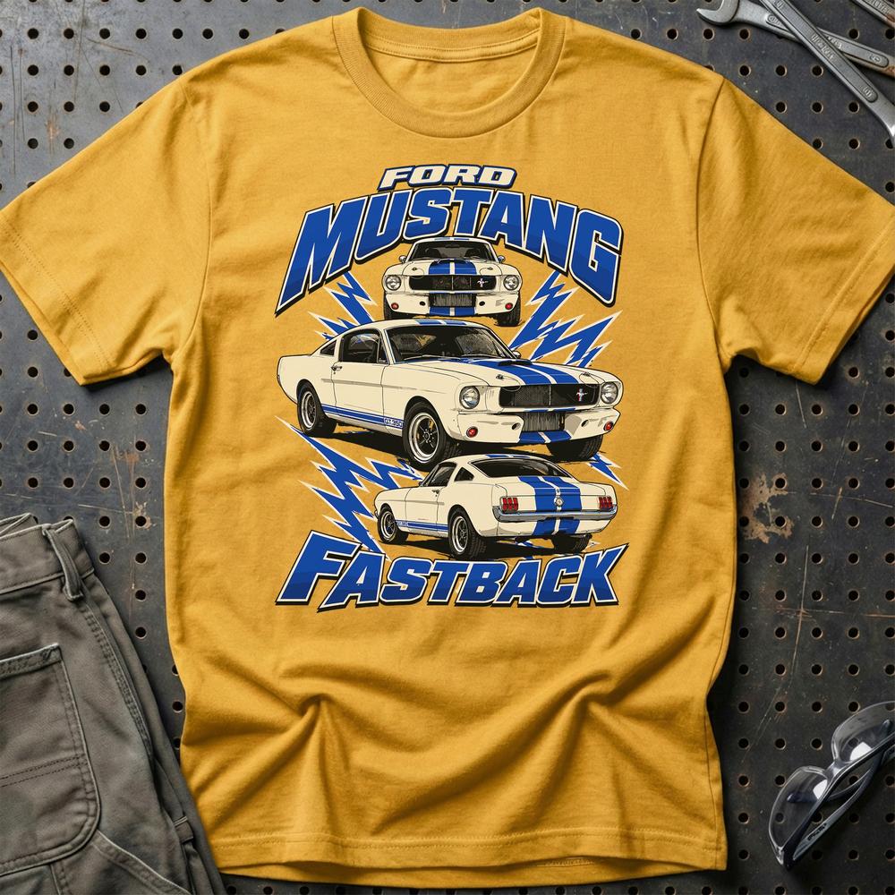 Ford Mustang Fastback T-Shirt-Beklædning-Ford-Guld-S-Garage Culture Shop- garage - man cave - merchandise