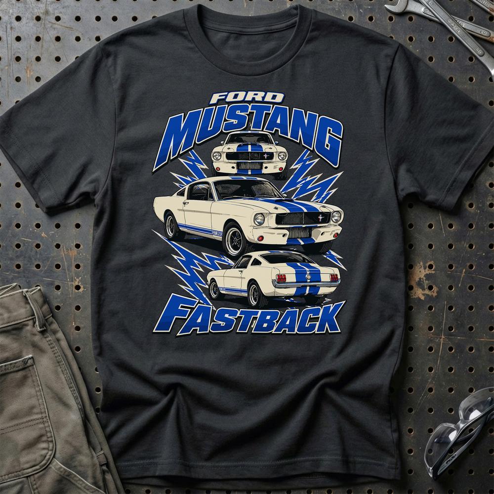 Ford Mustang Fastback T-Shirt-Beklædning-Ford-Sort-S-Garage Culture Shop- garage - man cave - merchandise