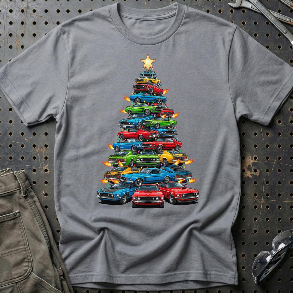 Ford Mustang Juletræ Christmas Tree T-Shirt-Beklædning-Ford-Grå Sport-S-Garage Culture Shop- garage - man cave - merchandise