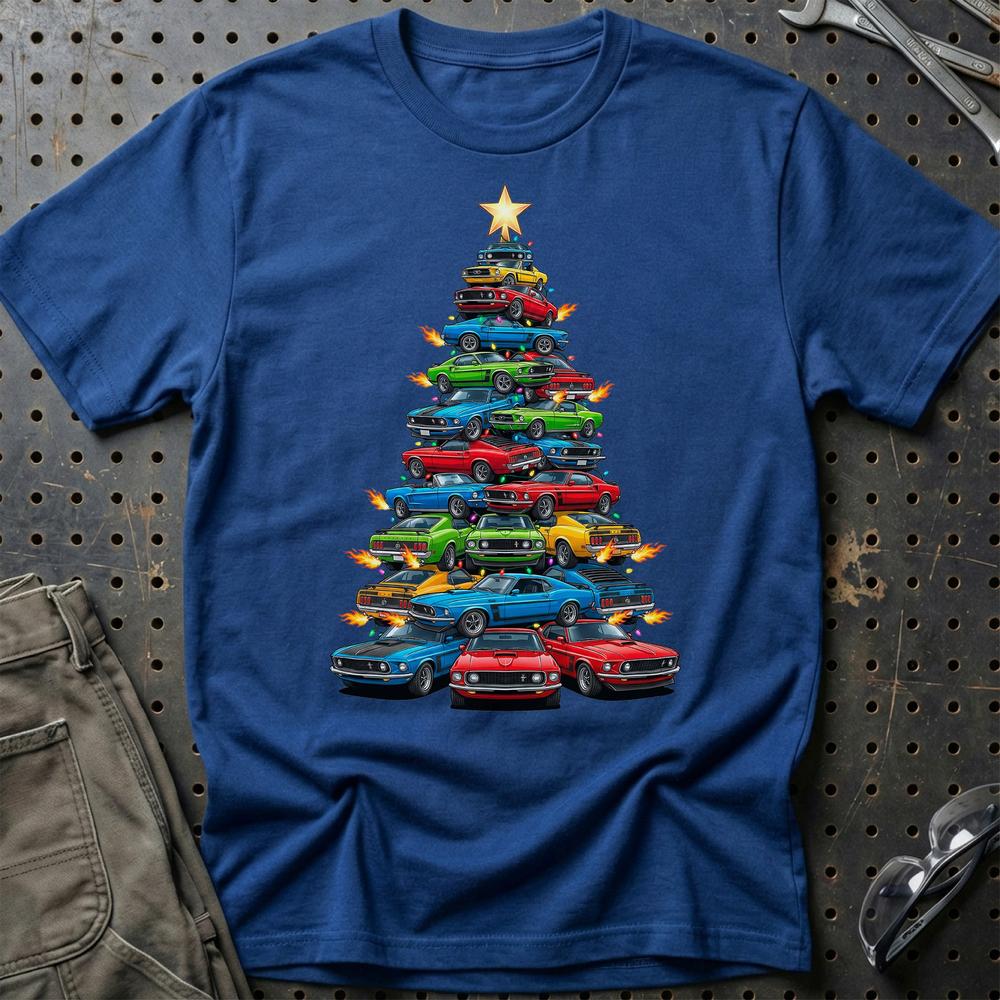 Ford Mustang Juletræ Christmas Tree T-Shirt-Beklædning-Ford-Blå Royal-S-Garage Culture Shop- garage - man cave - merchandise