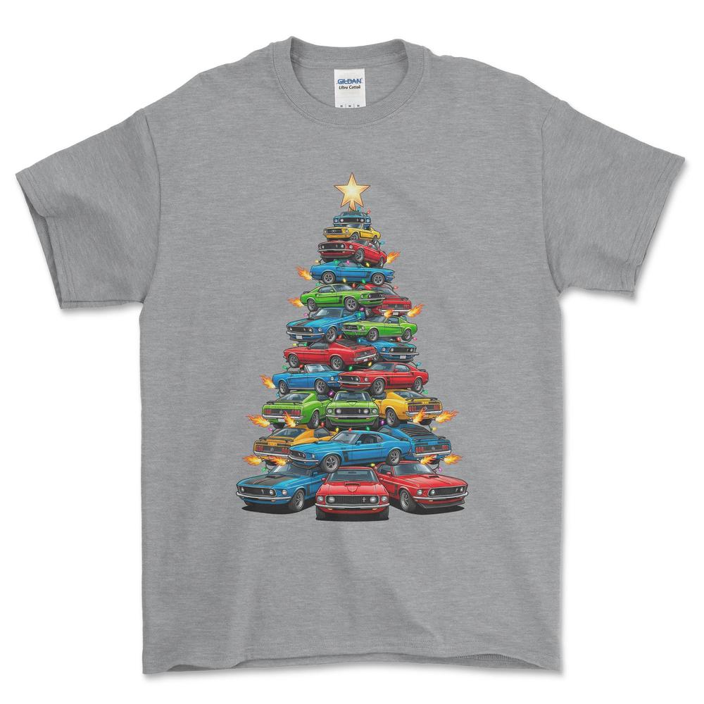 Ford Mustang Juletræ Christmas Tree - Unisex T-Shirt-Beklædning-Ford-Grå Sport-S-Forside-Garage Culture Shop- garage - man cave - merchandise