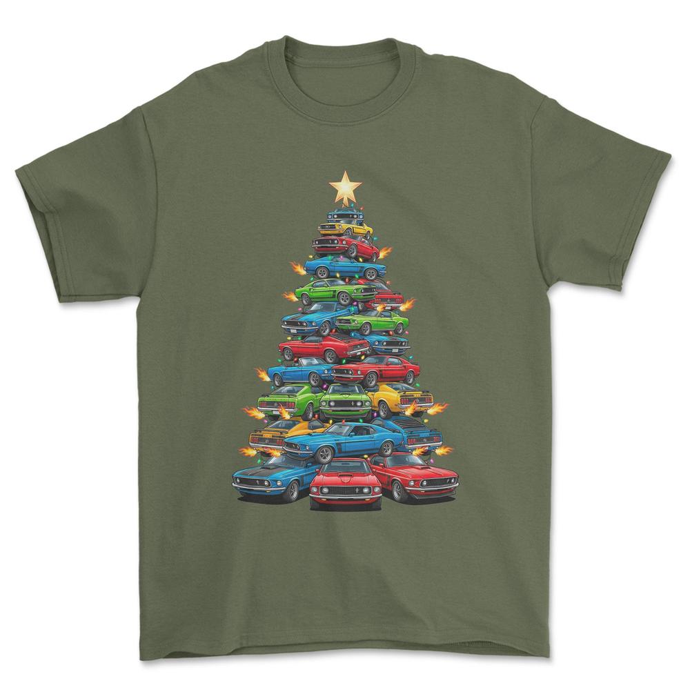 Ford Mustang Juletræ Christmas Tree - Unisex T-Shirt-Beklædning-Ford-Grøn Militær-S-Forside-Garage Culture Shop- garage - man cave - merchandise
