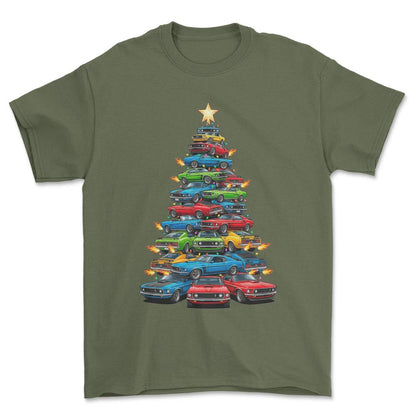 Ford Mustang Juletræ Christmas Tree - Unisex T-Shirt-Beklædning-Ford-Grøn Militær-S-Forside-Garage Culture Shop- garage - man cave - merchandise