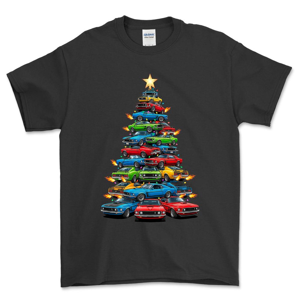 Ford Mustang Juletræ Christmas Tree - Unisex T-Shirt-Beklædning-Ford-Sort-S-Forside-Garage Culture Shop- garage - man cave - merchandise
