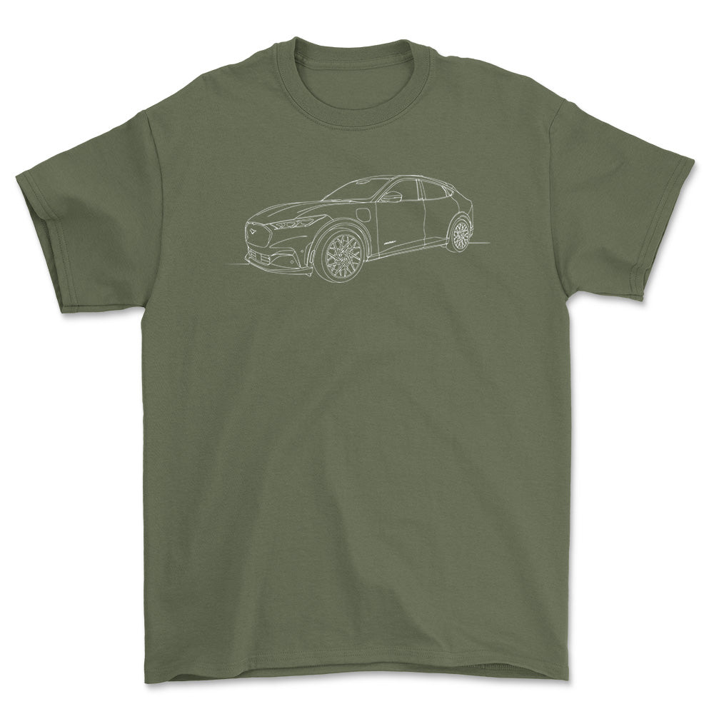 Ford Mustang Mach-E - One Line Style Unisex T-Shirt-Beklædning-Ford-Grøn Militær-S-Forside-Garage Culture Shop- garage - man cave - merchandise