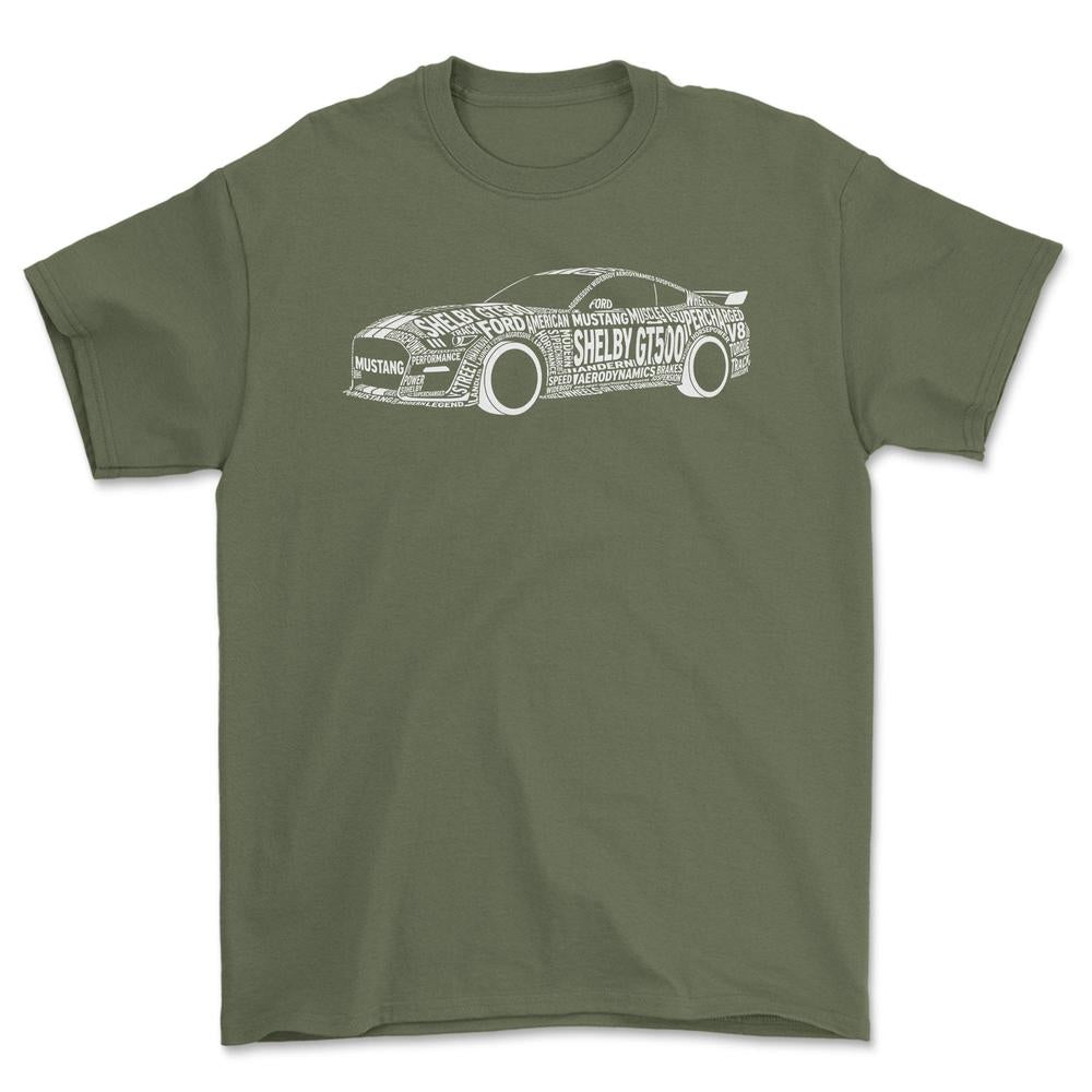 Ford Mustang Shelby 500 2021 Old School Typography - Unisex T-Shirt-Beklædning-Ford-Grøn Militær-S-Garage Culture Shop- garage - man cave - merchandise