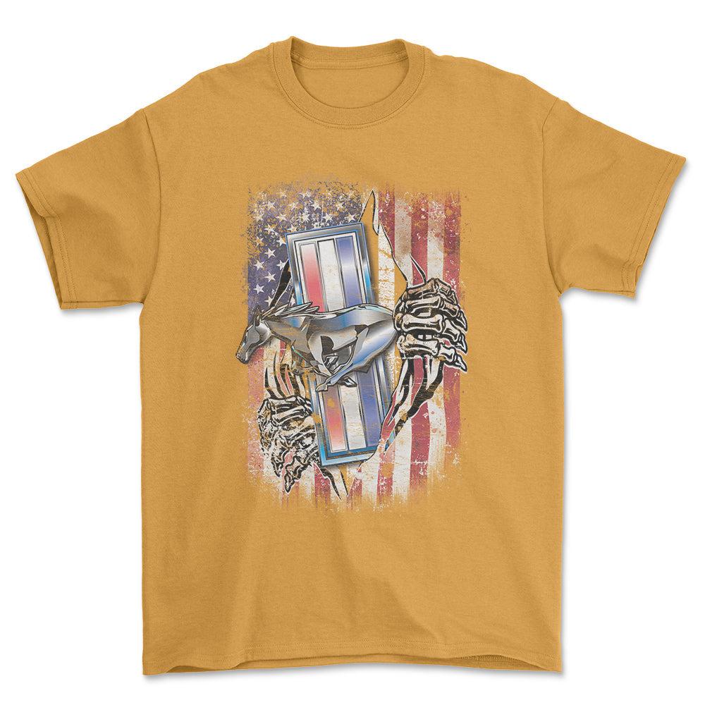 Ford Mustang US Flag T-Shirt-Beklædning-Ford-Guld-S-Garage Culture Shop- garage - man cave - merchandise